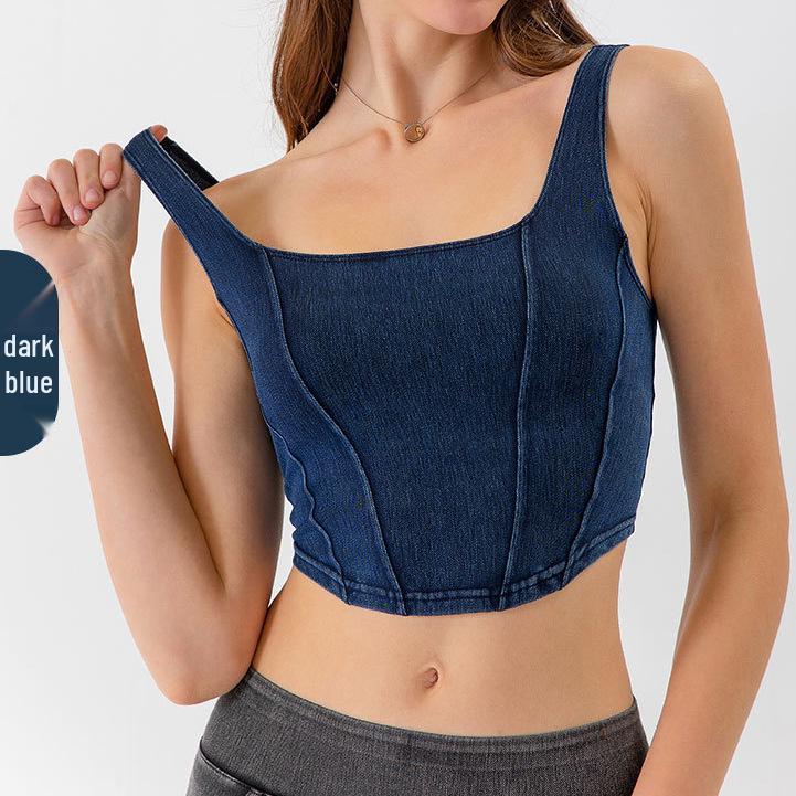 

Эластичная майка для йоги с U-образным вырезом - Облегающий деним-лук со стильной спинкой XL (130-145 jin) темно-синий