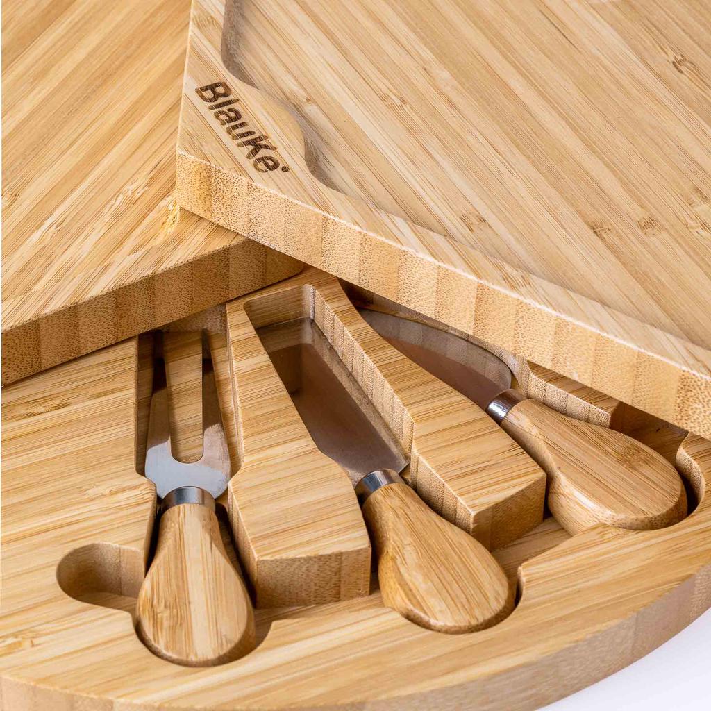 Bamboo Cheese Board Set - 37cm Swiveling Charcuterie Board with Slide-Out Drawer - Anniversary Birthday Housewarming Gift