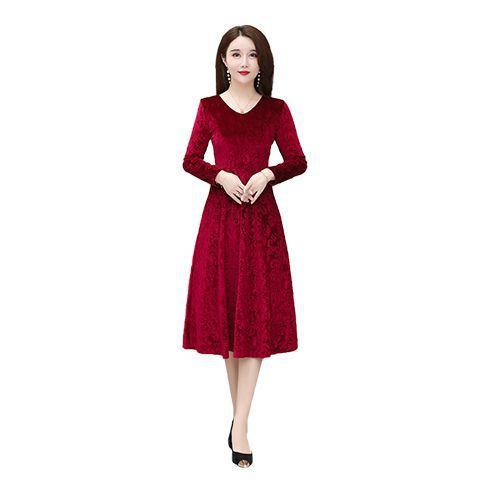 Golden Velvet V-neck Dress, Spring New Long Dress, Embossed Long-sleeved Femininity, Slim and Thin Big Swing Dress