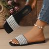 Luxury Pearl Bead Strap Slippers Women Summer Elegant Square Toe Flat Heel Slip On Sandals Silver Glitter Beach Slides