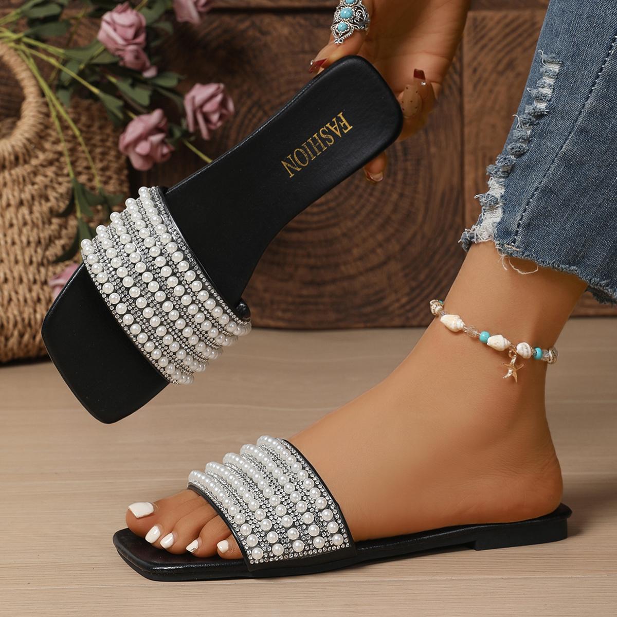 

Fashion Luxury Pearl Bead Strap Slippers Women Summer Elegant Square Toe Flat Heel Slip On Sandals Fashion Silver Glitter Beach Slides 43 чёрный
