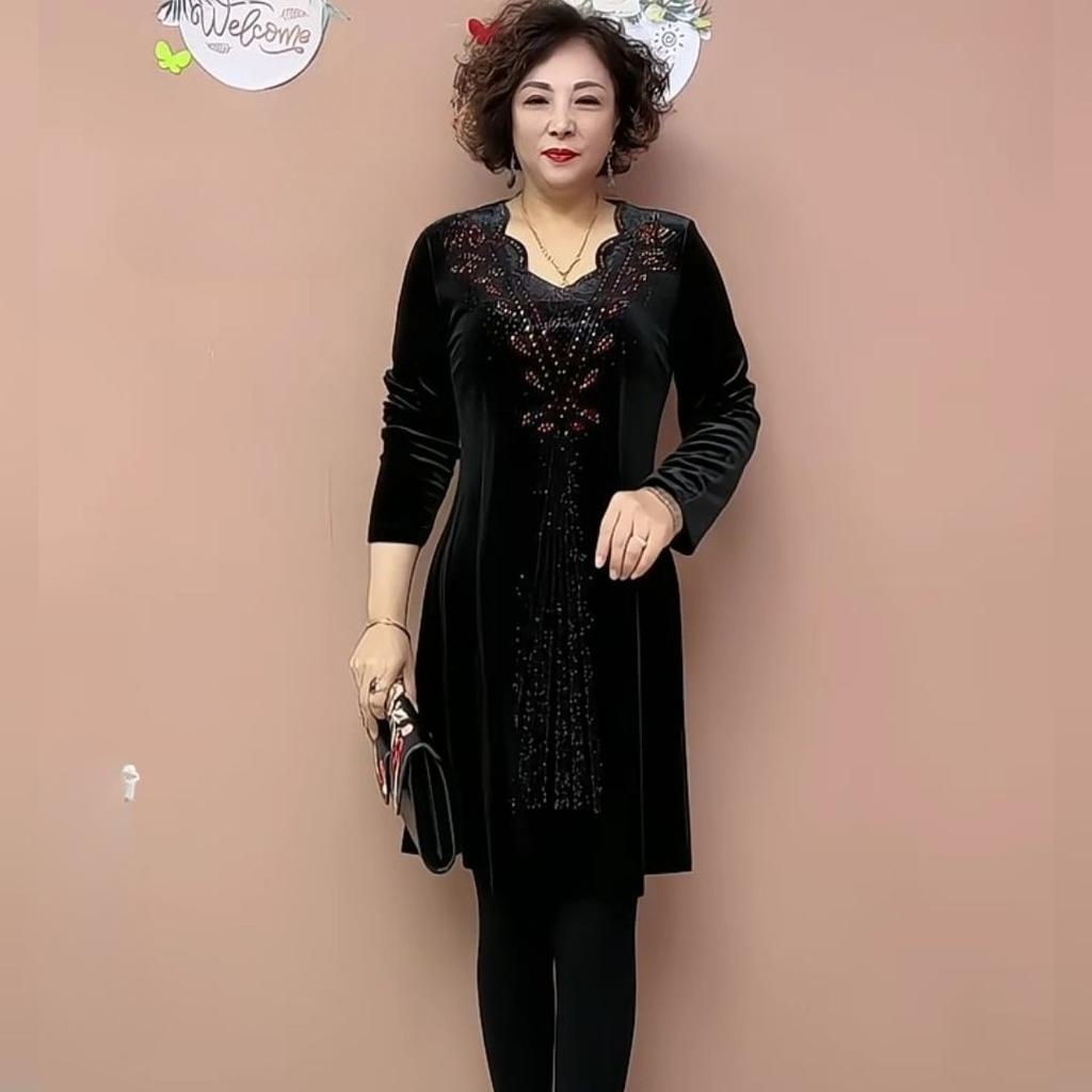 Women's V-neck Velvet Dress Rhinestone Soft and Comfortable Stretchy A-line Dress Mid-length Slim-fit Casual Dress