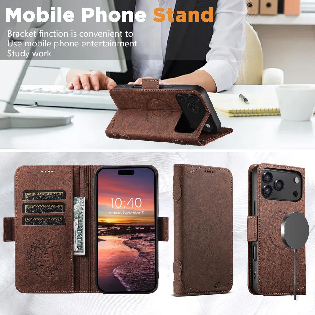 iPhone 17 Pro Flip Case with MagSafe, Card Slot, Wireless Charging, Stand, and Protective Leather Design