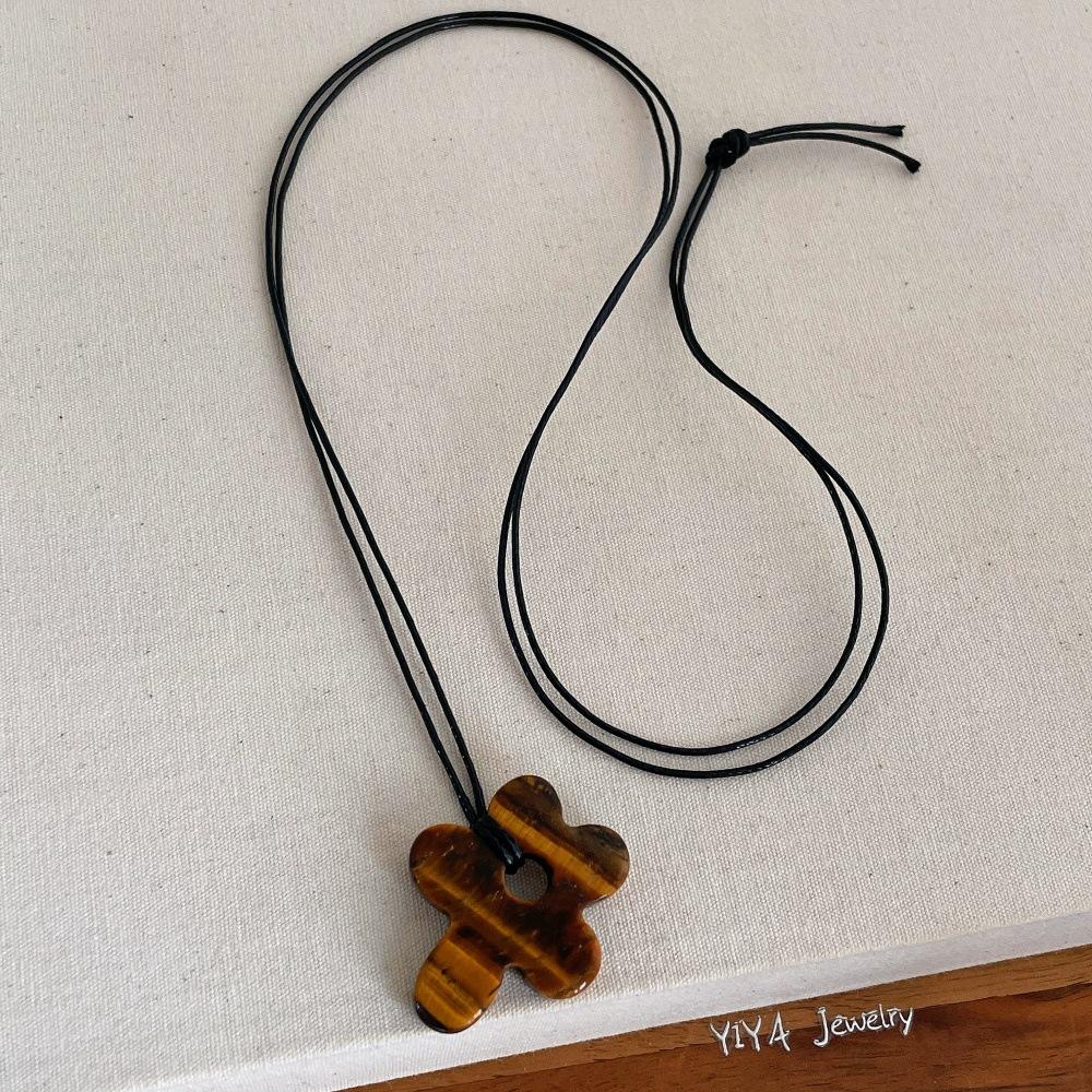 

New Chic Multicolor Spotted Natural Stone Tiger Eye Irregular Floral Pendant Necklaces For Women Adjustable Sweater Chain 92cm