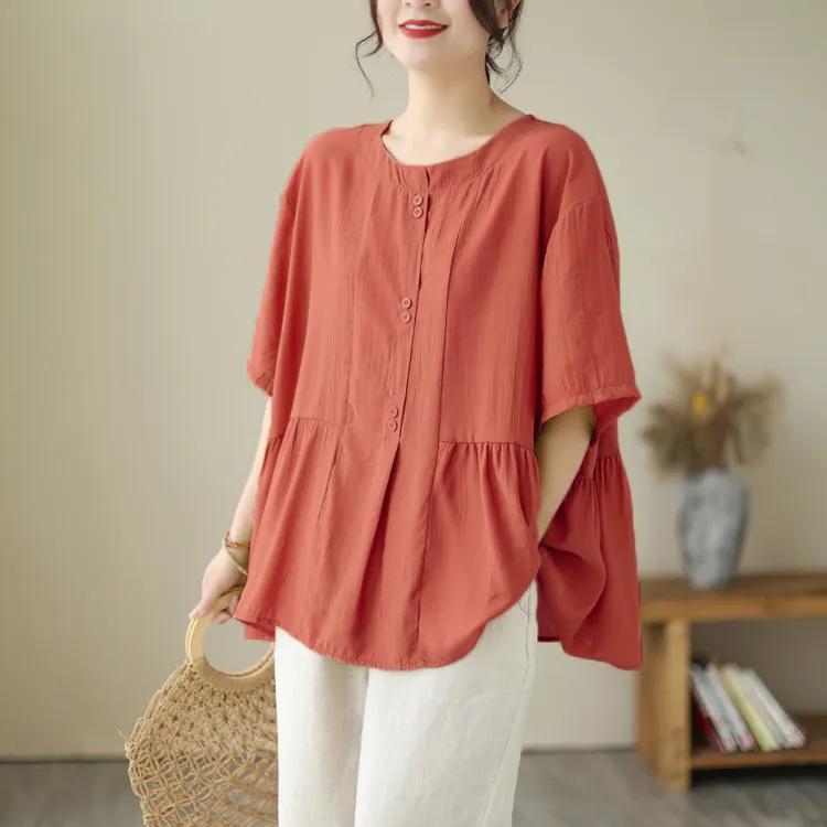 

Plus Size 8XL Summer Ice Silk Cotton and Linen Ladies s Loose Thin Short-sleeved T-shirt Solid Color Top XXXL оранжевый