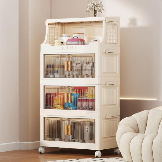 Stackable Collapsible Storage Bins Storage Boxes with Door And Wheels Multi-tier Rolling Organizer with Shelf for Kids Toys Snacks Blanket Pillow