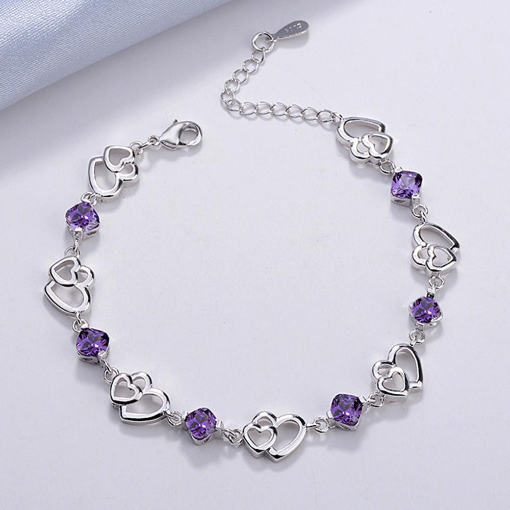 Weihua Women's Silver-Plated Double Heart Amethyst Bracelet - Korean Style Jewelry.