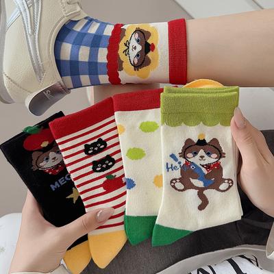 Autumn Women's Socks, Mid-calf Socks, Cartoon Cat Through-pile Socks, Student Socks for Women