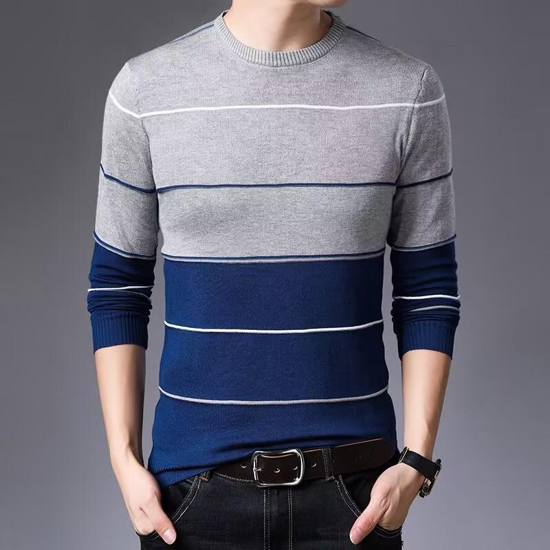Men S Slim Fit Crew Neck Long Sleeve Striped Knit Pullover Sweater
