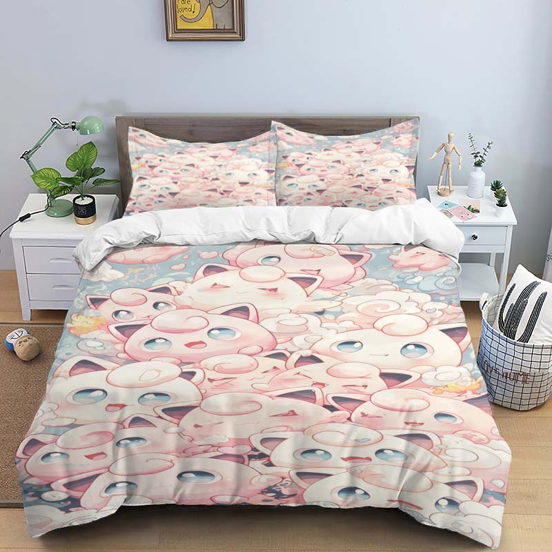 New Pokémon Jigglypuff print three-piece bedding set, including 1 duvet cover and 2 pillowcases, suitable for adults and childre