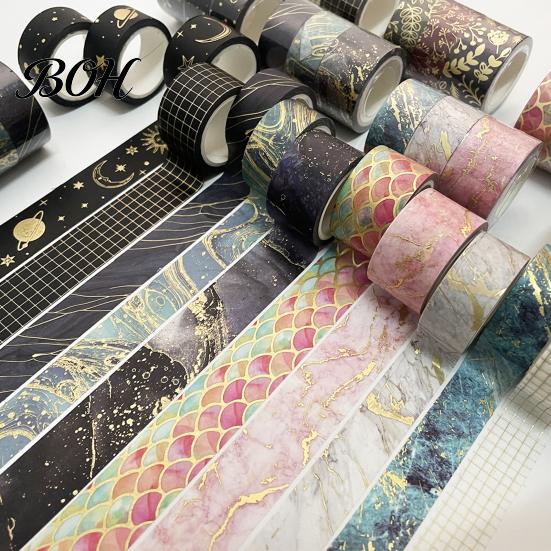 Planner Adhesive Tape 3 Rolls Golden Foil Washi Tape, Retro Plaid Leaf Pattern Decorative Kit Masking for DIY Crafts, Journal, Planner, Scrapbooking