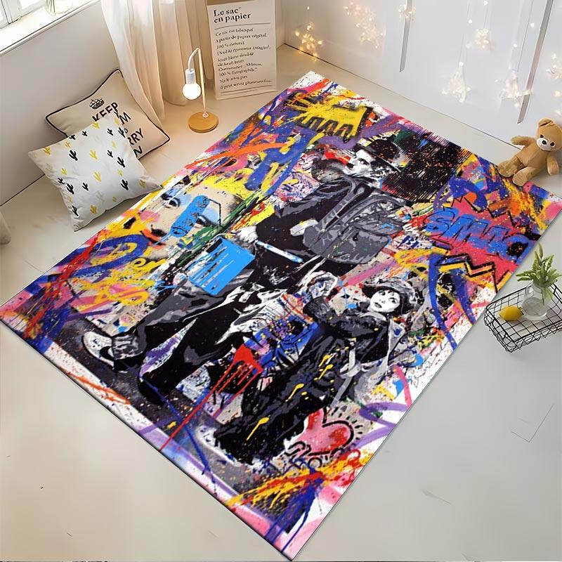 Colorful Abstract Street Art Style Rug with Urban Figures and Graffiti Suitable for Use As an Anti-slip for Living Room Bedroom Sofas
