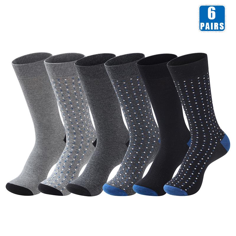 6 Pairs Men Dress Socks High Quality Cotton Business Casual Soft Brand Fashion Design Blue Dots Pattern Plus Size Long Male Sock