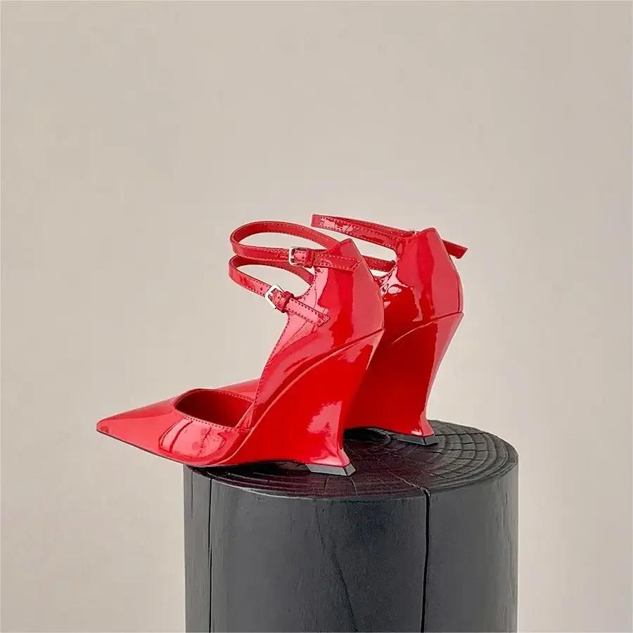 Fashion Red Cherry Wedge High Heels 2024 Pointed Toe Sexy Fashion Mary Jane Pumps Old Money Shoes For Women Ladies