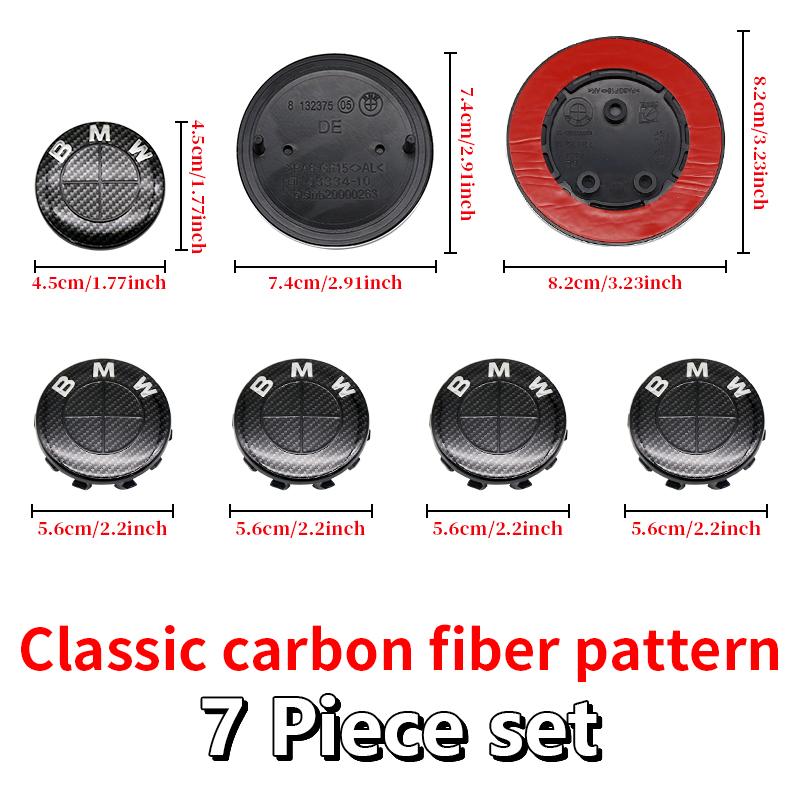 For BMW E46 82mm Hood F10 74mm Trunk Emblem 7Pcs Full Black Carbon Fiber Badge Set E90 68mm Wheel F30 Steering G20 X5 M4 Auto