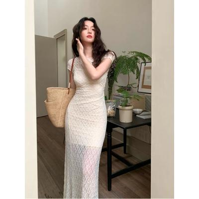 Beige Dress Sets Frence Retro Elegant Original Design Lace Flowers Dress Summer 2000s Vintage Y2k Bodycon Dresses Korean