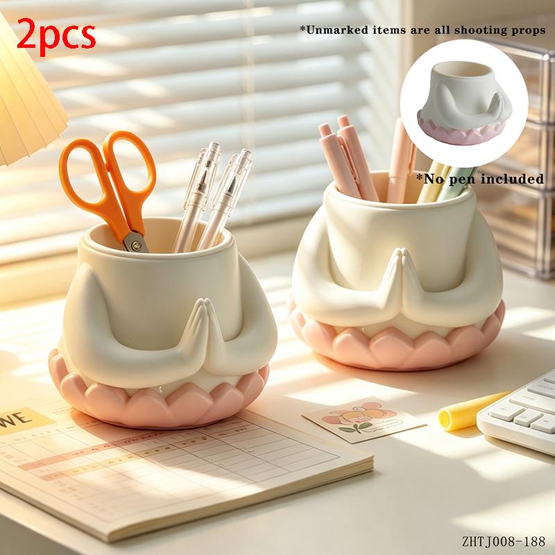 Kawaii Buddha Hands Resin Pen Holder Lotus Design Abs Organizer for Office Desk Stationery Storage Home Bedroom Desktop Decor