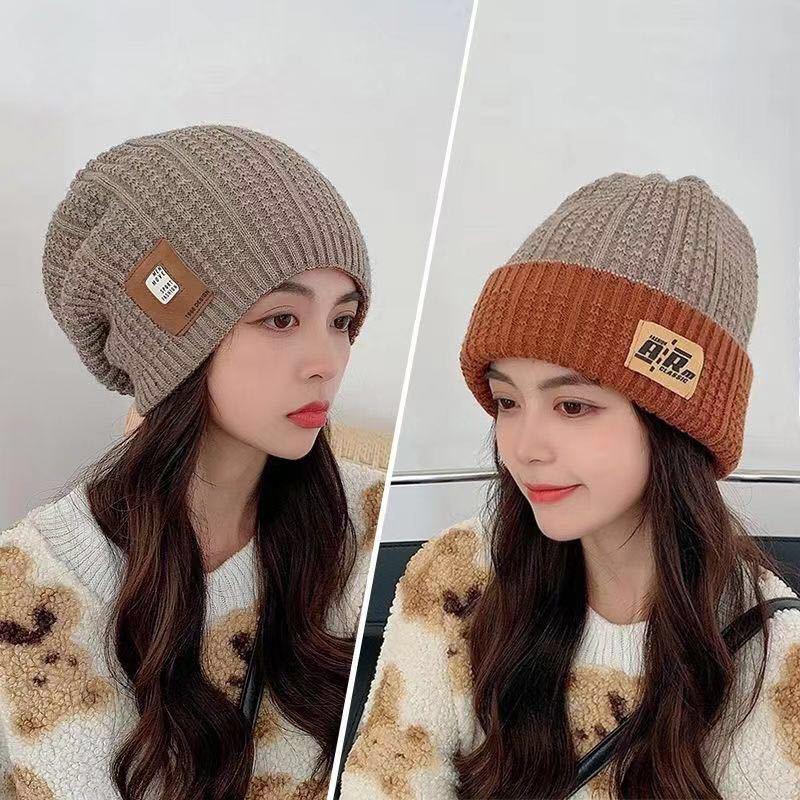 Winter Warm Ear Protection Hat For Women Baggy Slouchy Beanie  Color Block Woolen Pullover Cap Girl Pile Knit Hat