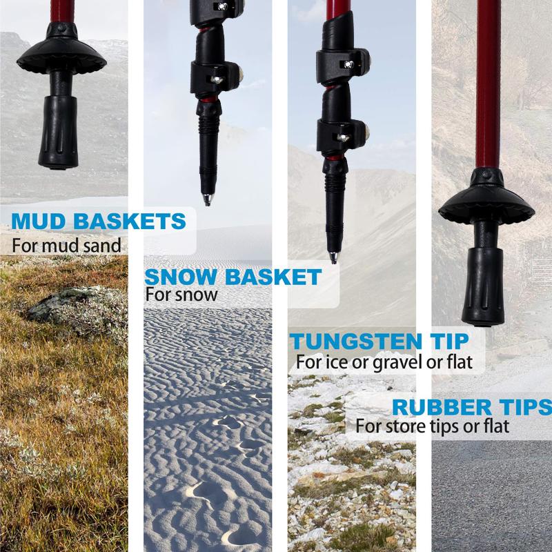 Aluminum Alloy Trekking Poles Collapsible Hiking Poles with Cork Grips Quick Locks Snow Baskets Suitable for Walking Travel Trails, Red