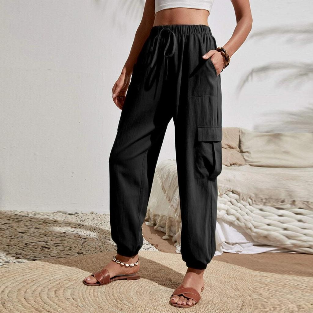 Women's Fashionable Solid Color Elastic Waist Pocket Versatile Casual Work Pants