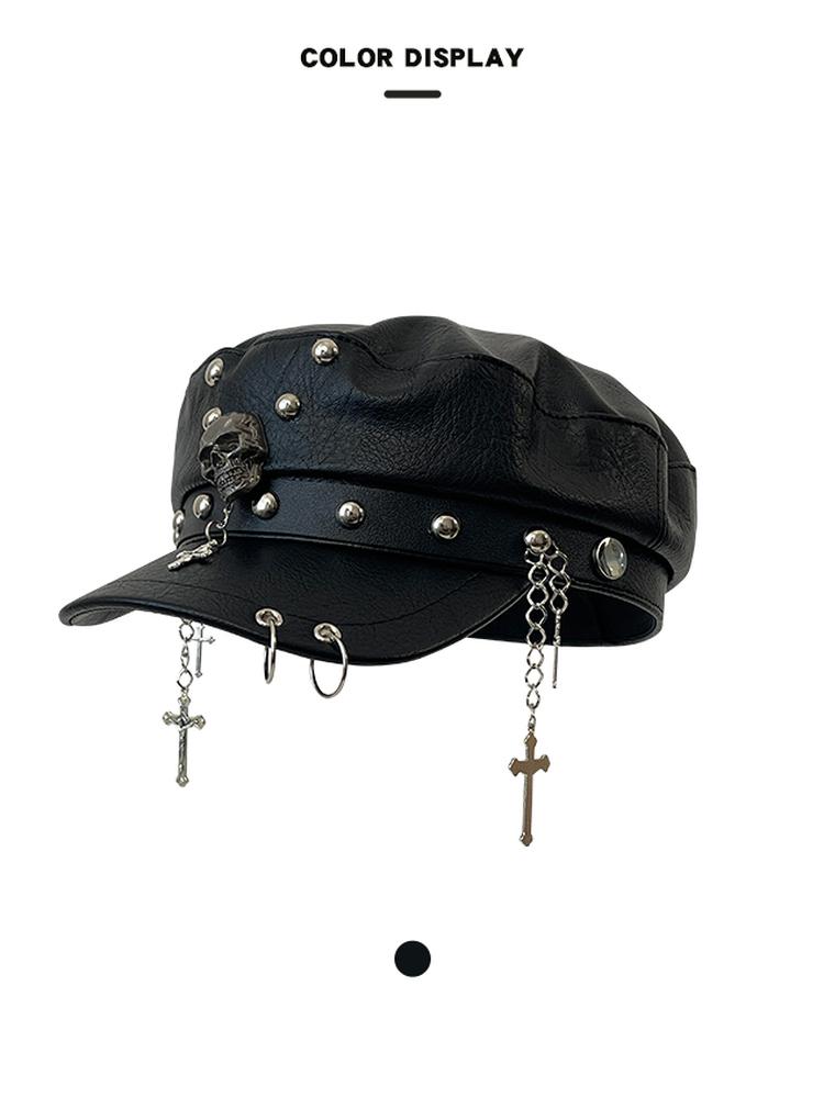 Zealous Sole Women's Leopard Dark Yamamoto Retro Print Punk Rivet Y2k Leather Octagonal Hat Subculture Showing Face Small Beret Cap 56-58Cm