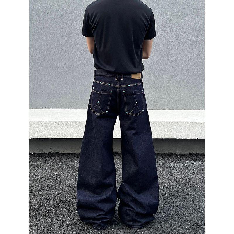 Blaexit Retro Turquoise High-End Denim Blue Jeans for Men and Women, Straight-Leg Loose Original Denim Color Wide-Leg Pants