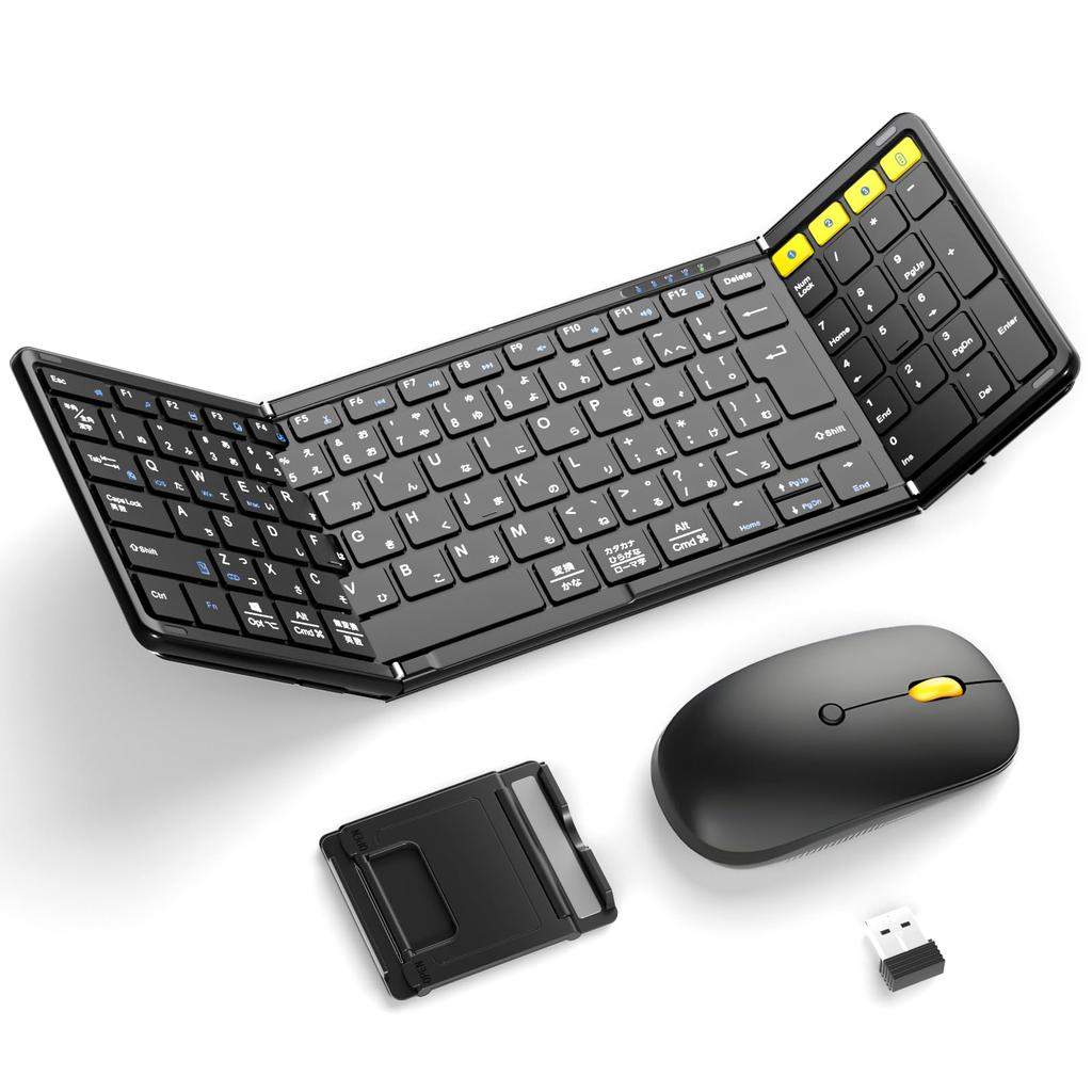 Omikamo Bluetooth Keyboard and Mouse Set, Foldable, Japanese Layout, Wireless Mouse and Keyboard with Numeric Keypad, Bluetooth & 2.4G Connection,