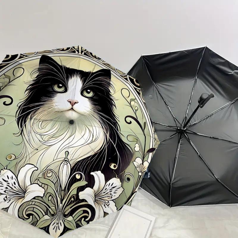 1PC Cat, floralAutomatic Open/Close Umbrella with Windproof, 8-Rib Sturdy Canopy, Durable Ribs, Fashionable Design, Outdoor Accessory, Fun Prin, Holid