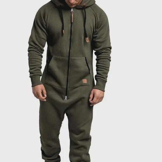 Men's Solid Color Hooded Fleece Jumpsuit