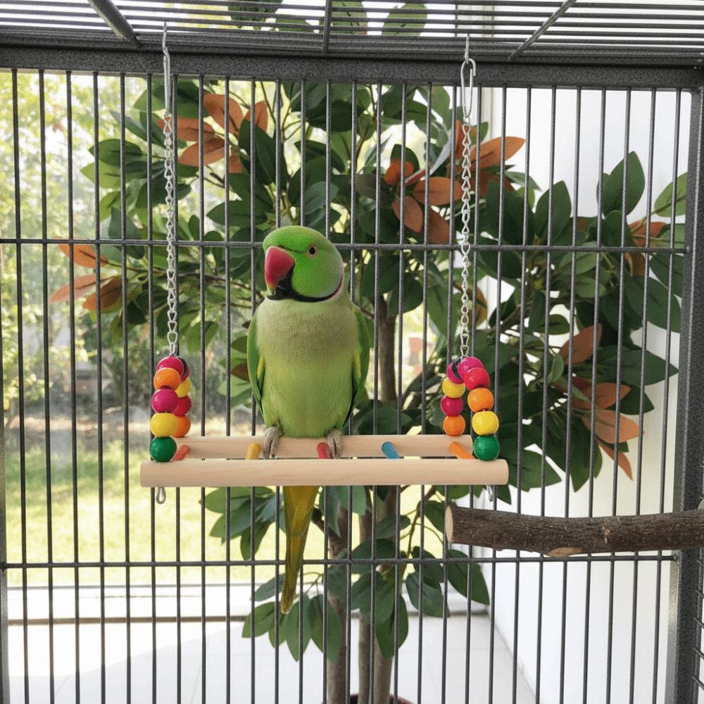 Bird Perch Stand Bite Resistant Parrot Swing Wooden Colorful Beads Bird Hanging Bird Cage Standing Play Gym