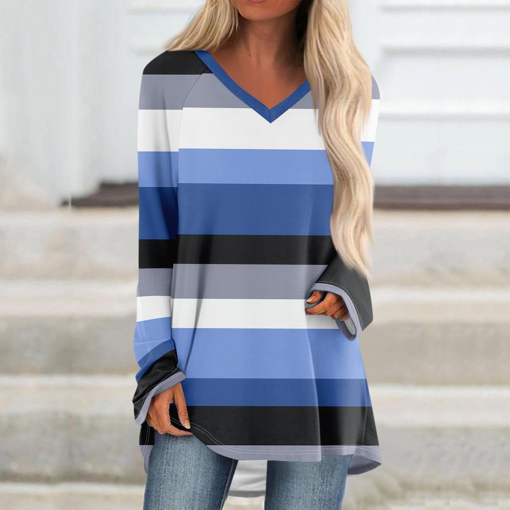 Women's  And Winter Long Sleeved V-neck Printing Casual Long Loose T-shirt Top