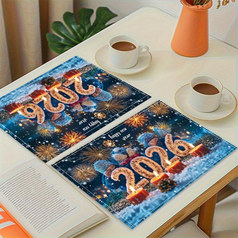 6PC Flat Printing Placemat Wishing You A Bright and Cheerful New Year 2026 Daily Dining Decoration Party Tableware