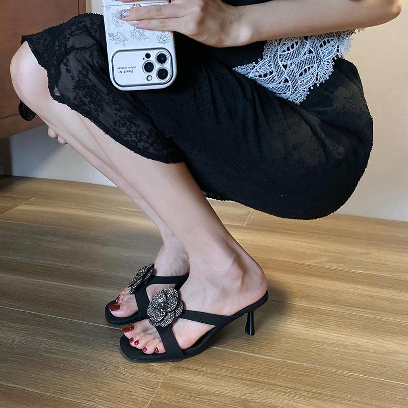 Fashion Camellia Flower High Heels Slippers Women Narrow Band Crystal Floral Slides Party Shoes Female Glitter Beading Sandalias Mujer