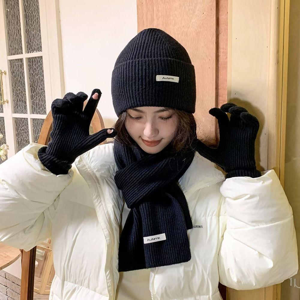 Warm Thermal Knit Cap Solid Color Winter Beanie Hat Neck Warmer Hat Scarf Gloves Set  Winter
