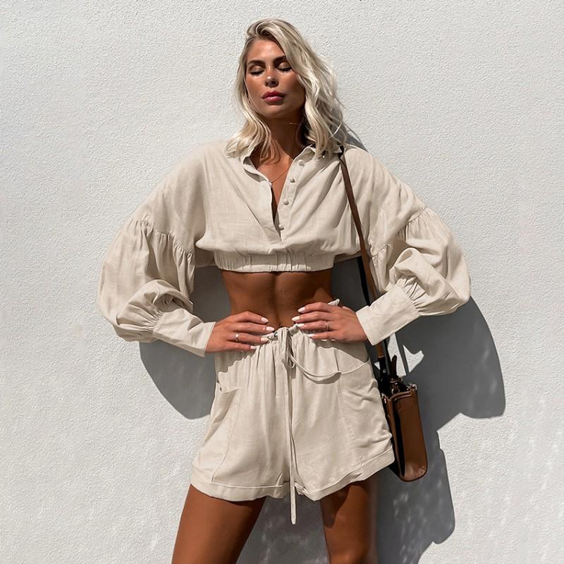 2026 Cotton Linen Set Womens Casual Street Style Short Shirt Shorts Two Piece Outfit