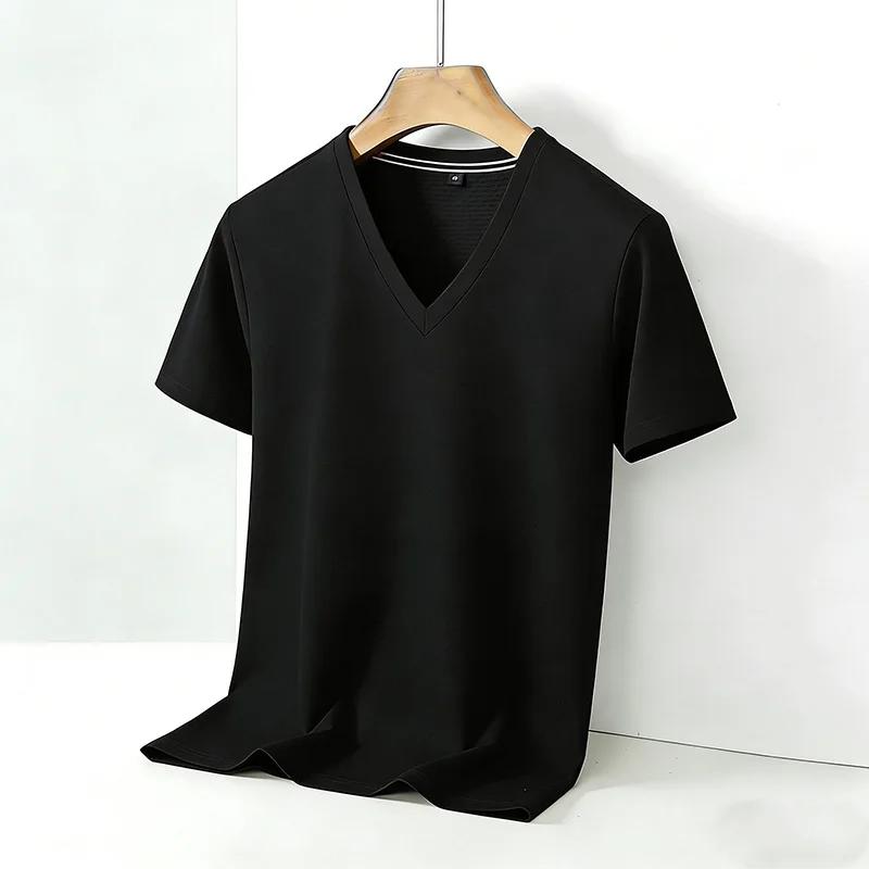 Men's Solid Color V Neck T Shirt Casual Slim Fit Breathable Short Sleeve Basic Top for Daily Wear Brown