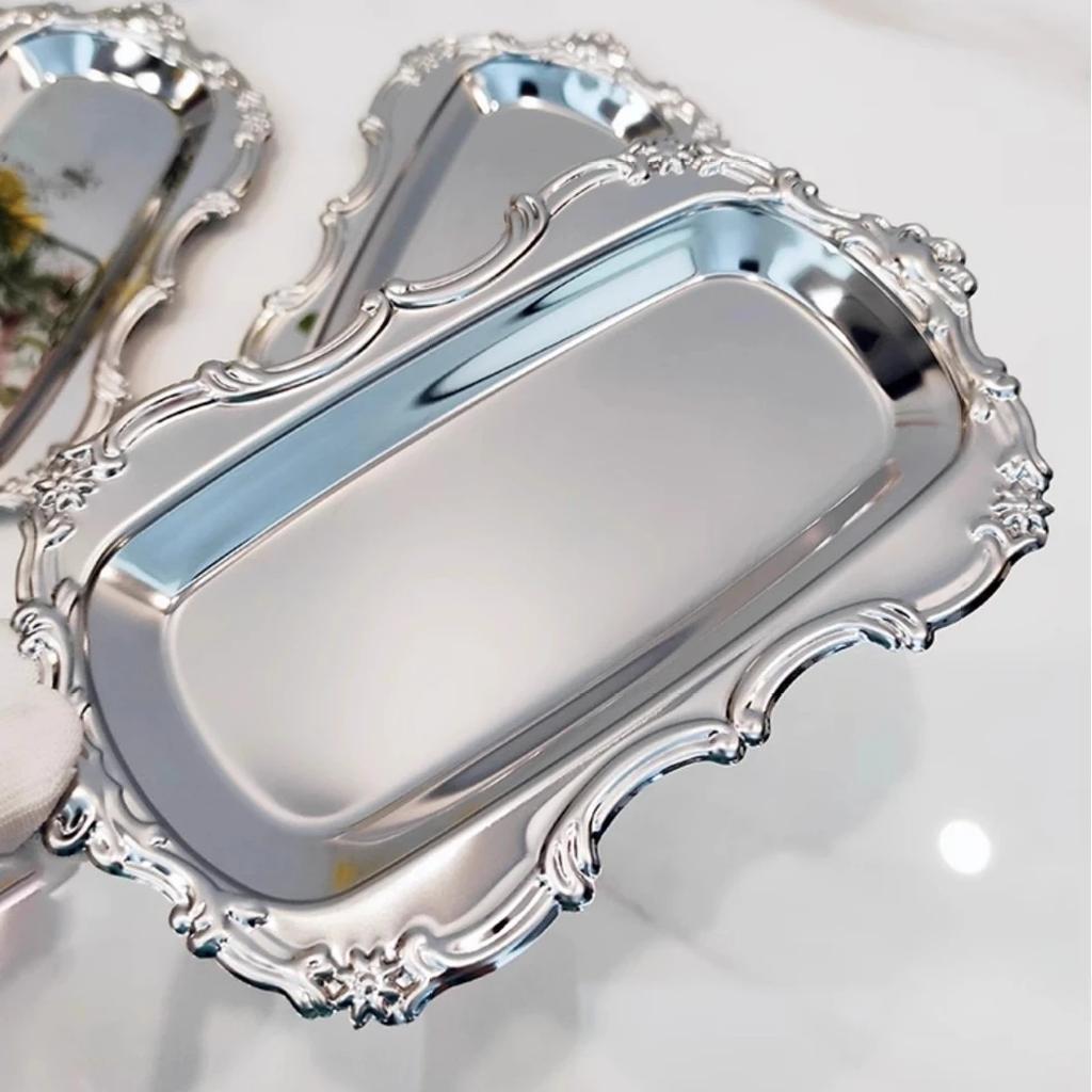 Vintage Embossed Stainless Steel Tray Serving Platter for Desserts Jewelry Storage Organizer Snack Plate For Dining Table Decor