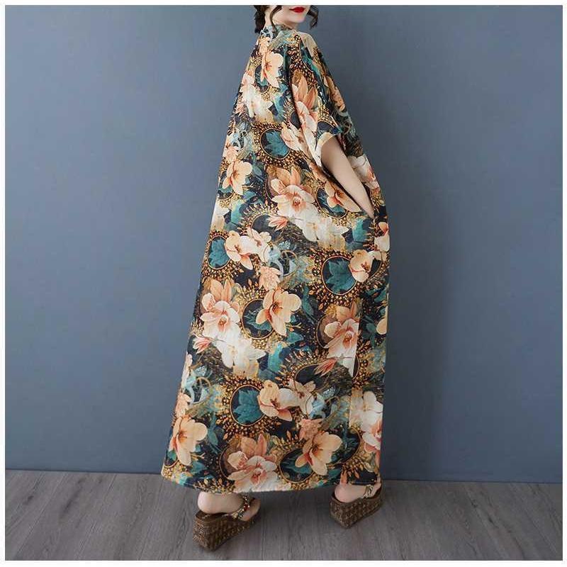 Women's Vintage Long Dress with Cotton and Linen Patterns