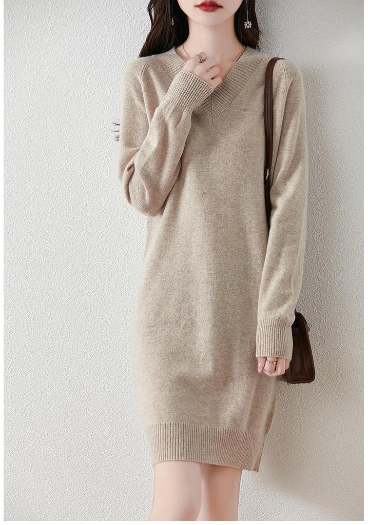 Women's V-Neck Mid-Length Cashmere Knit Dress - Loose Sheath Pullover, 100% Pure Cashmere