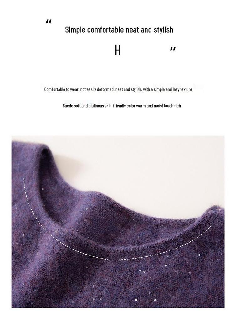 Women's Cashmere Sequin Knit Sweater - Autumn/Winter Low Round Neck, Loose & Slimming Fashion Top