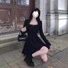 Long-sleeved Black Dress Women's Autumn Clothing New Models Are Popular This Year, Sweet and Spicy Square Neck Short Skirts