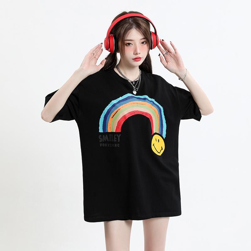 

Футболка из чистого хлопка для пар для женщин и мужчин в одном стиле, новая летняя свободная и тонкая рубашка с круглым вырезом и короткими рукавами с креативным принтом XL чёрный