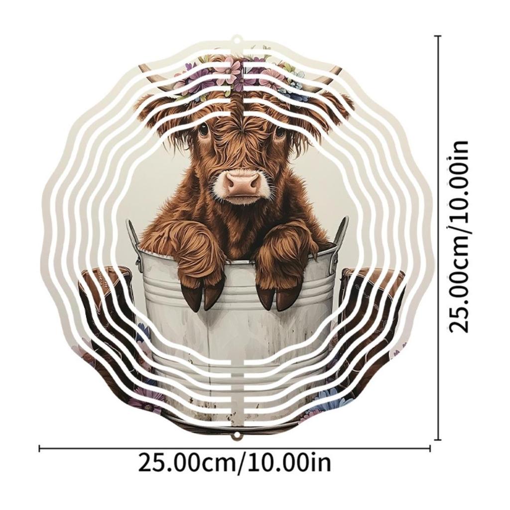 Highland Cow Windmill Garden Decor - 25.4cm (10-inch) Metal 3D Art Hanging Ornament, Floral Print Design