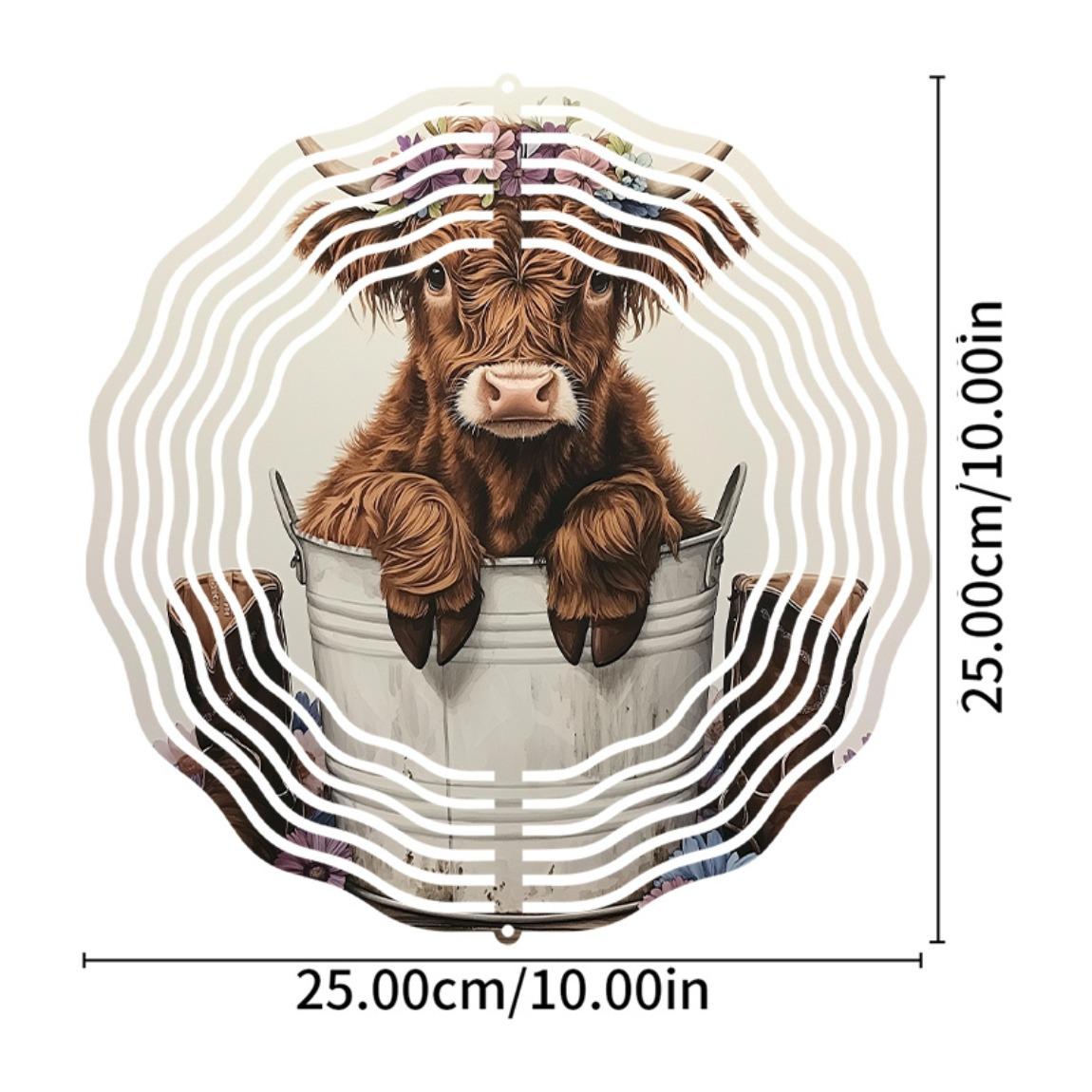

Highland Cow Windmill Garden Decor - 25.4cm (10-inch) Metal 3D Art Hanging Ornament, Floral Print Design 01A