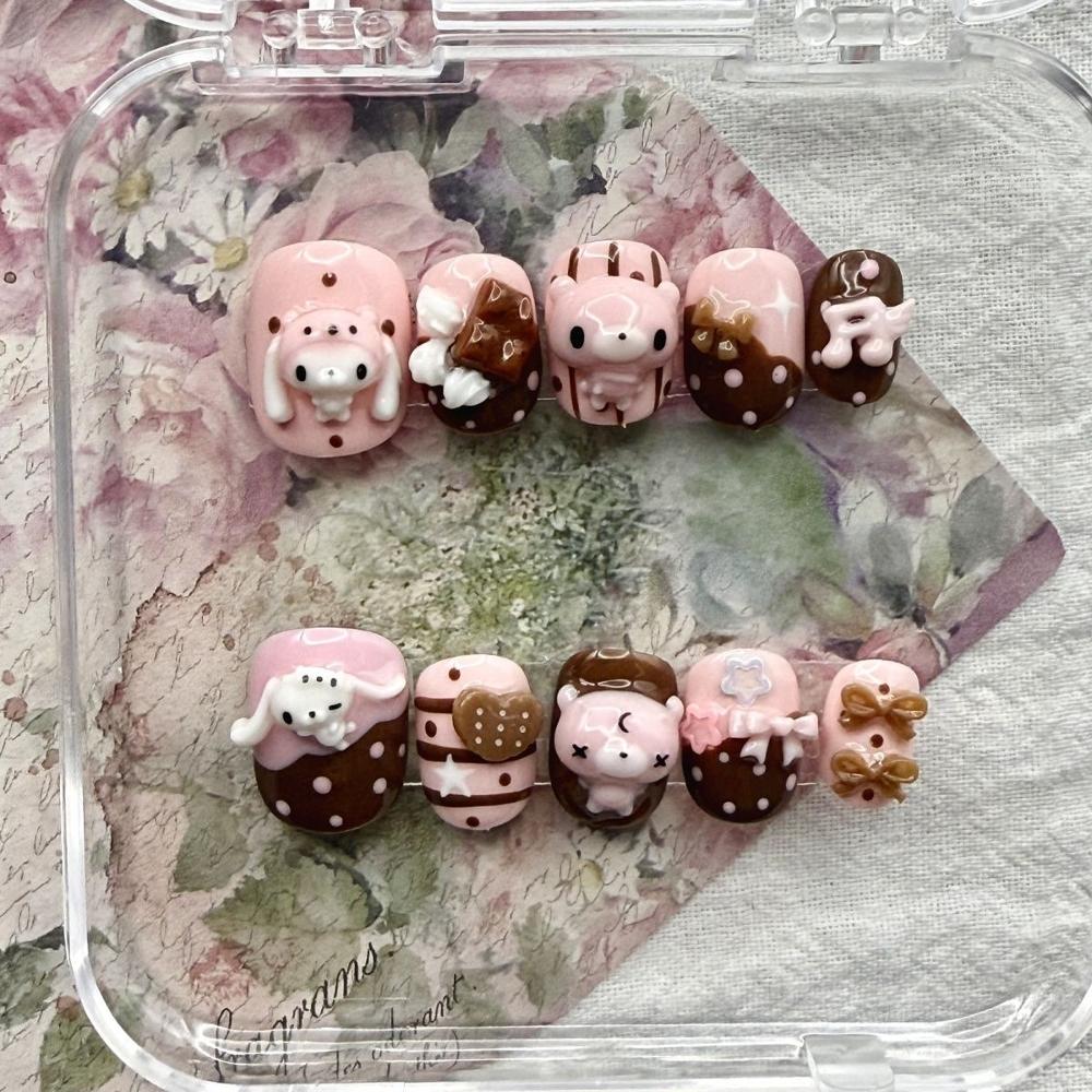 10Pcs Kawaii 3D Cartoon Rabbit Bear Handmade Almond Press On Nails With Dessert Chocolate Cream Cake Bowknot Pearl Stars