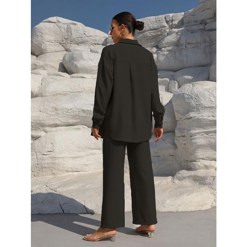 Women's Fashion Solid Color Collar Button Long Sleeve Top Elastic Waist Straight Pants Casual Set