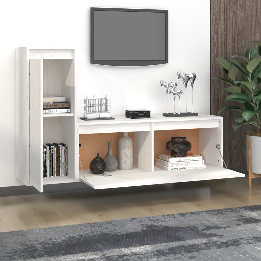 TV Cabinets Set of 2 White Solid Pine Wood