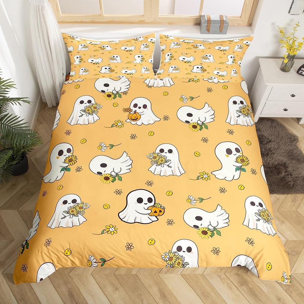 Cartoon Ghost Duvet Cover Scary Halloween Theme Bedding Set Spooky Pumpkin Comforter Cover Skull Skeleton Bed Cover Twin Queen