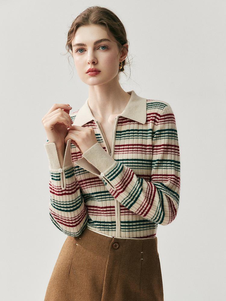 2025 Autumn/Winter Color Block Striped Slim-Fit Zip-Up Polo Cardigan Sweater