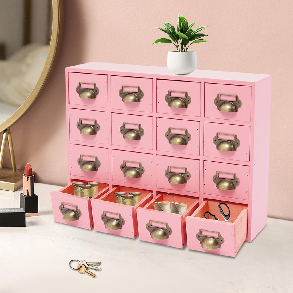 16-Compartment Drawer Storage Cabinet – Vintage Pink Solid Wood Desktop Organizer – 22 lbs Load Capacity